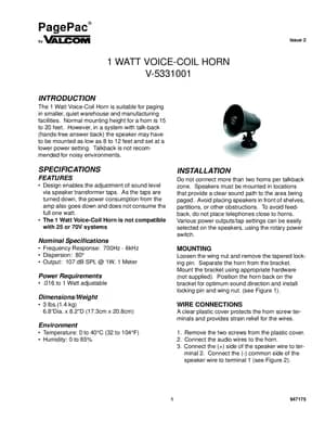 1 WATT VOICE-COIL HORN manual thumbnail